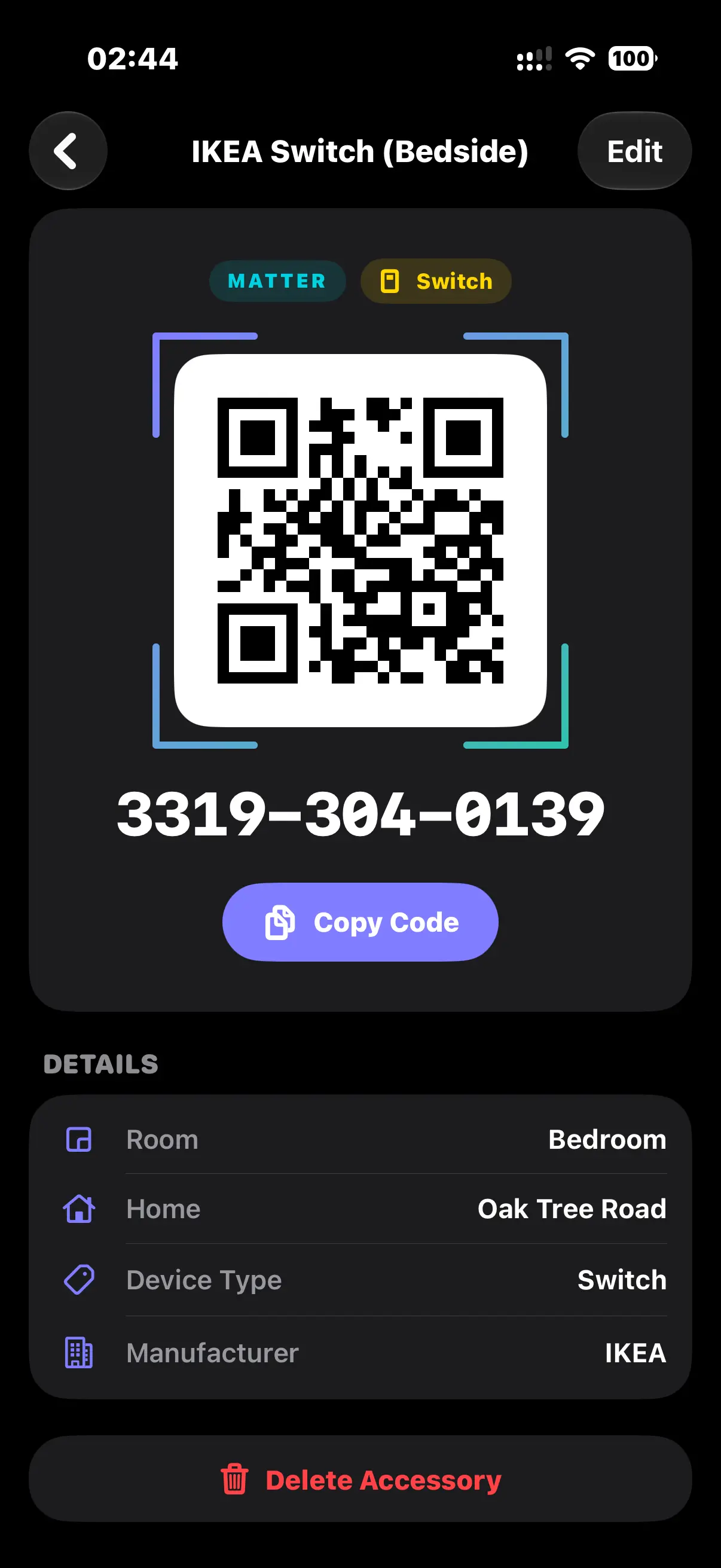 PLACEHOLDER — an accessory detail screen with its setup code and a regenerated QR code.